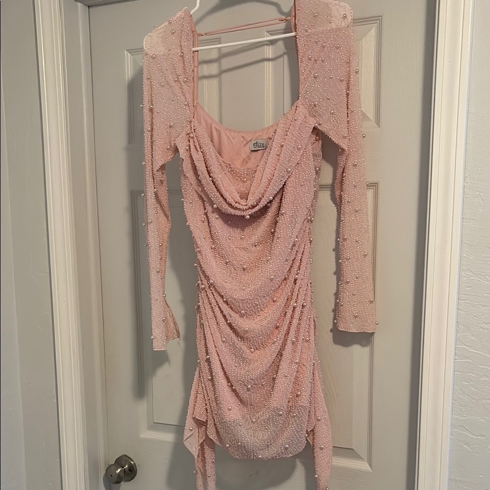Oh Polly Pink Ruched Cut Out Long Sleeve Dress